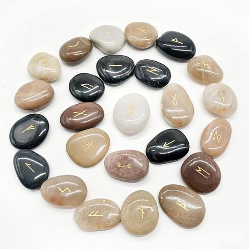 مجموعة أحجار رون منقوشة بالأحجار الكريمة من MrMrMrKura مكونة من 25 قطعة مع أبجدية Elder Futhark وحقيبة مخملية لشفاء الريكي من أجل شفاء شقرا التأمل والعرافة in Kuwait