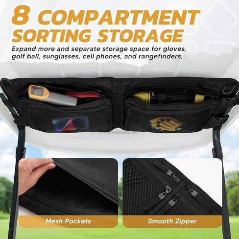 حقيبة تخزين سقف عربة الجولف لسابقة سيارة النادي، تيمبو، فصاعدا، حقيبة تنظيم علوية لعربة الجولف، منظم سقف سيارة الجولف بدون حفر، ملحقات عربة الجولف باللون الأسود in Kuwait