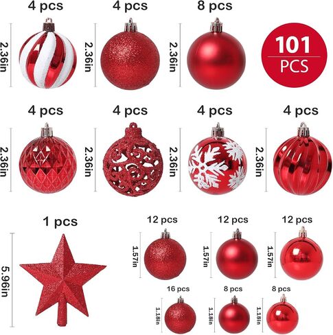 101PCS Christmas Ball Ornaments, Red Shatterproof Christmas Ball Ornaments Set for Christmas Tree, Assorted Hanging Ball Decorations for Xmas Tree Wreath Holiday Party Décor in Saudi Arabia