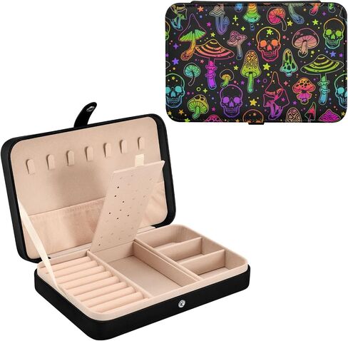 Colorful Skull Mushroom Jewelry Box for Women Girls, PU Leather Jewelry Travel Organizer, Portable Small Jewelry Case, Personalized Jewelry Storage Holder for Ring Earrings Necklace Bracelet in Kuwait