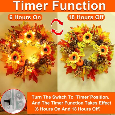[Prelit & Timer] 16 Inch Thanksgiving Wreath 20 Warm Lights Fall Wreaths Fall Decorations for Front Door, Artificial Maples Leaf Pumpkin Pine Cone Berry Autumns Thanksgiving Wreaths Decor Home Outdoor in Kuwait
