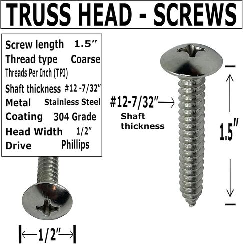 #12 x 1.5" - 18-8 (304) Stainless Steel Truss Head Screw - Fast Self Tapping Wood - Phillips Drive - Full Thread -Bright Finish - 1 ½ in by BRAUNY BOY HARDWARE (50, Screws) in Kuwait