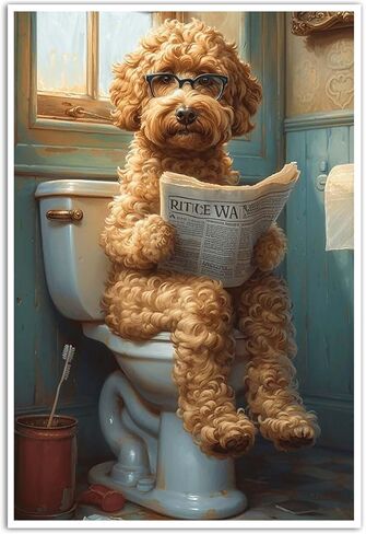 GOVWSRBJ Funny Animal Canvas Wall Art Golden Retriever on Toilet and Reading Newspaper Art Print Animal Sitting on Toilet Bathroom Poster Funny Dog Picture Gift for Dog Owner Bathroom Decor Poster in Saudi Arabia