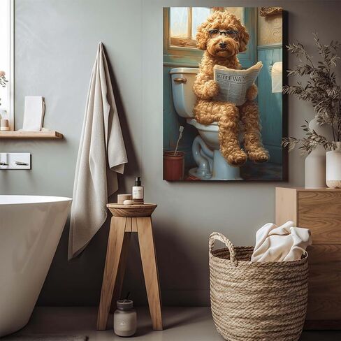 GOVWSRBJ Funny Animal Canvas Wall Art Golden Retriever on Toilet and Reading Newspaper Art Print Animal Sitting on Toilet Bathroom Poster Funny Dog Picture Gift for Dog Owner Bathroom Decor Poster in Saudi Arabia