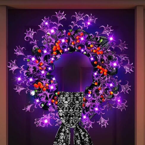 Dingion 4 قطع إكليل الهالوين للباب الأمامي 20 بوصة مضاء إكليل ديكور برتقالي أرجواني إكليل مع وشاح جمجمة أضواء LED خطاف للخريف الداخلي والخارجي ونافذة الشرفة وجدار الهالوين ديكور حفلات المنزل in Kuwait