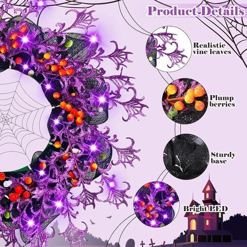 Dingion 4 قطع إكليل الهالوين للباب الأمامي 20 بوصة مضاء إكليل ديكور برتقالي أرجواني إكليل مع وشاح جمجمة أضواء LED خطاف للخريف الداخلي والخارجي ونافذة الشرفة وجدار الهالوين ديكور حفلات المنزل in Kuwait