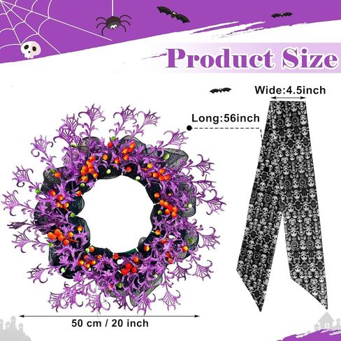 Dingion 4 قطع إكليل الهالوين للباب الأمامي 20 بوصة مضاء إكليل ديكور برتقالي أرجواني إكليل مع وشاح جمجمة أضواء LED خطاف للخريف الداخلي والخارجي ونافذة الشرفة وجدار الهالوين ديكور حفلات المنزل in Kuwait