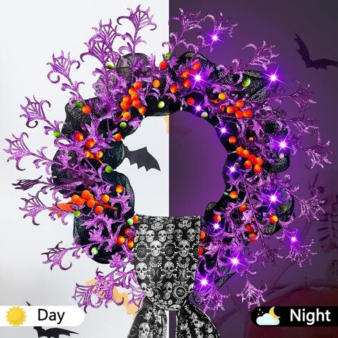 Dingion 4 قطع إكليل الهالوين للباب الأمامي 20 بوصة مضاء إكليل ديكور برتقالي أرجواني إكليل مع وشاح جمجمة أضواء LED خطاف للخريف الداخلي والخارجي ونافذة الشرفة وجدار الهالوين ديكور حفلات المنزل in Kuwait