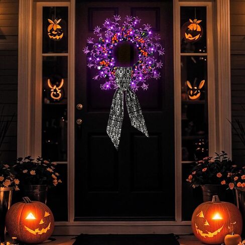 Dingion 4 قطع إكليل الهالوين للباب الأمامي 20 بوصة مضاء إكليل ديكور برتقالي أرجواني إكليل مع وشاح جمجمة أضواء LED خطاف للخريف الداخلي والخارجي ونافذة الشرفة وجدار الهالوين ديكور حفلات المنزل in Kuwait