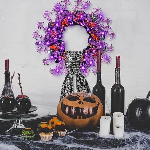 Dingion 4 قطع إكليل الهالوين للباب الأمامي 20 بوصة مضاء إكليل ديكور برتقالي أرجواني إكليل مع وشاح جمجمة أضواء LED خطاف للخريف الداخلي والخارجي ونافذة الشرفة وجدار الهالوين ديكور حفلات المنزل in Kuwait