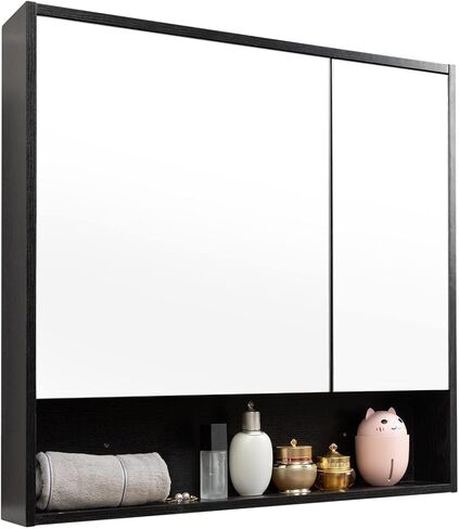 ALIMORDEN Medicine Cabinet with Mirror and Shelves, Oversized Bathroom Wall Storage Organizer Over The Vanity, Toilet, Recessed or Surface Mount, 30.4" L x 29.5" H, Black in Kuwait