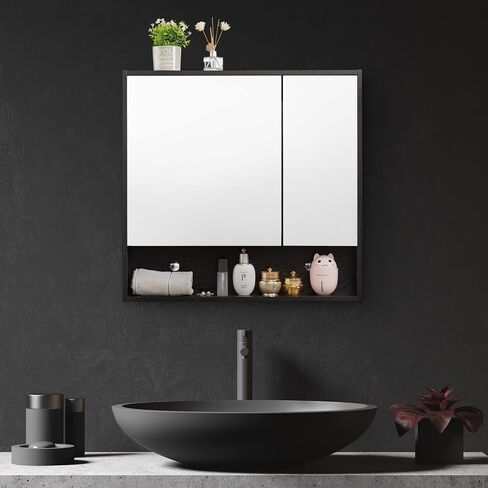 ALIMORDEN Medicine Cabinet with Mirror and Shelves, Oversized Bathroom Wall Storage Organizer Over The Vanity, Toilet, Recessed or Surface Mount, 30.4" L x 29.5" H, Black in Kuwait