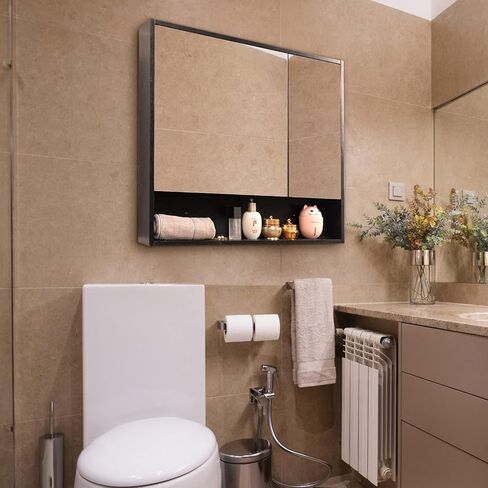 ALIMORDEN Medicine Cabinet with Mirror and Shelves, Oversized Bathroom Wall Storage Organizer Over The Vanity, Toilet, Recessed or Surface Mount, 30.4" L x 29.5" H, Black in Kuwait