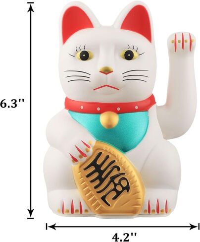 Maneki Neko Lucky Cat، Fengshui Cat - بطارية ذراع مموجة تعمل للحصول على المال والحظ السعيد (أبيض، 6 بوصات) in Kuwait