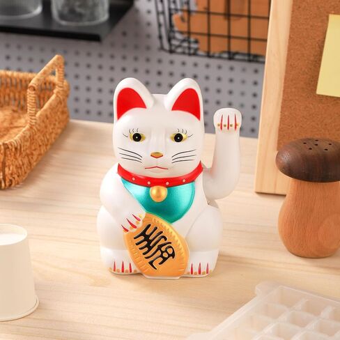 Maneki Neko Lucky Cat، Fengshui Cat - بطارية ذراع مموجة تعمل للحصول على المال والحظ السعيد (أبيض، 6 بوصات) in Kuwait