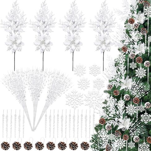 84 Piece Christmas Tree Ornaments Set, Christmas Glitter Berries Stems Poinsettia Flower Artificial Snowflake Icicle Drop - DIY Xmas Wreath Holiday Home Party Decor(Blue) in Saudi Arabia