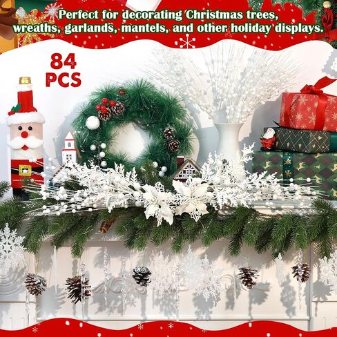 84 Piece Christmas Tree Ornaments Set, Christmas Glitter Berries Stems Poinsettia Flower Artificial Snowflake Icicle Drop - DIY Xmas Wreath Holiday Home Party Decor(Blue) in Saudi Arabia