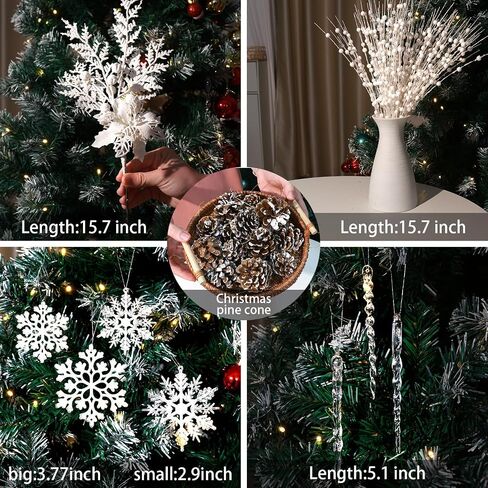 84 Piece Christmas Tree Ornaments Set, Christmas Glitter Berries Stems Poinsettia Flower Artificial Snowflake Icicle Drop - DIY Xmas Wreath Holiday Home Party Decor(Blue) in Saudi Arabia