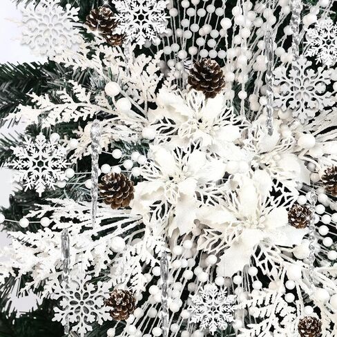 84 Piece Christmas Tree Ornaments Set, Christmas Glitter Berries Stems Poinsettia Flower Artificial Snowflake Icicle Drop - DIY Xmas Wreath Holiday Home Party Decor(Blue) in Saudi Arabia
