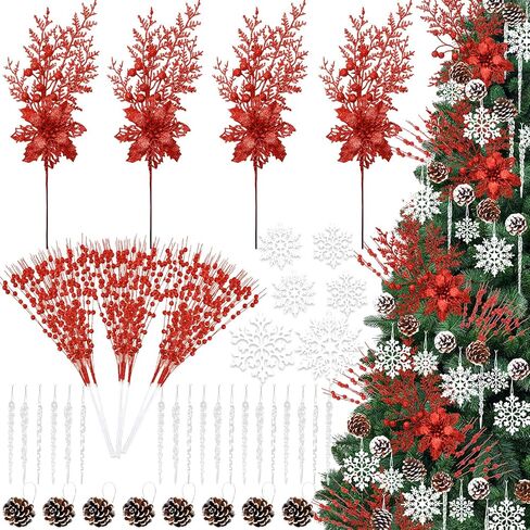 84 Piece Christmas Tree Ornaments Set, Christmas Glitter Berries Stems Poinsettia Flower Artificial Snowflake Icicle Drop - DIY Xmas Wreath Holiday Home Party Decor(Blue) in Saudi Arabia