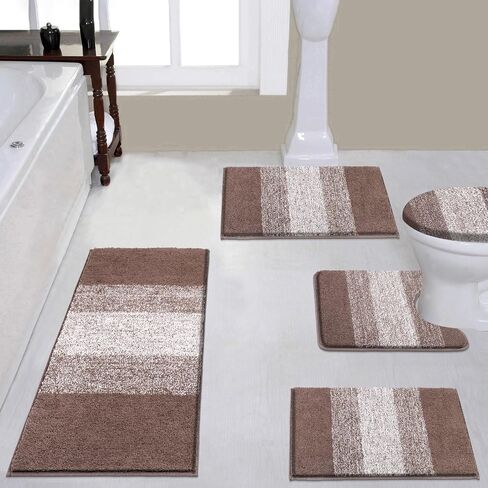 Vaukki 5 Piece Bathroom Rugs Set, Non Slip Shaggy Microfiber Plush Absorbent Washable Bath Shower Mats Runner for Tub (18''x26''+20''x32''+20''x47''+U20''x24''+Lid Cover, Grey) in Kuwait