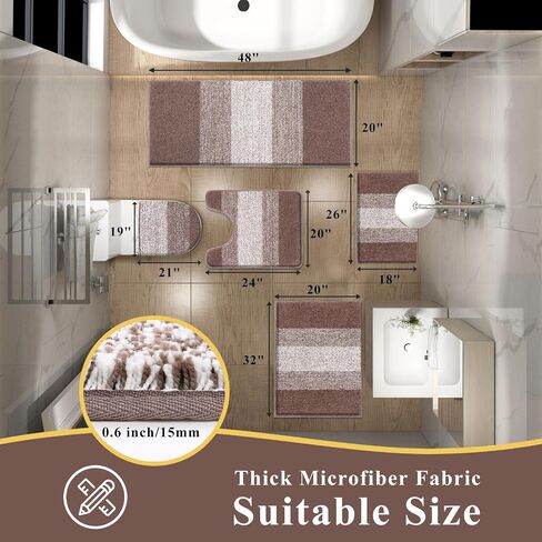 Vaukki 5 Piece Bathroom Rugs Set, Non Slip Shaggy Microfiber Plush Absorbent Washable Bath Shower Mats Runner for Tub (18''x26''+20''x32''+20''x47''+U20''x24''+Lid Cover, Grey) in Kuwait