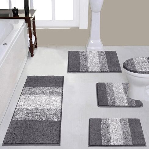 Vaukki 5 Piece Bathroom Rugs Set, Non Slip Shaggy Microfiber Plush Absorbent Washable Bath Shower Mats Runner for Tub (18''x26''+20''x32''+20''x47''+U20''x24''+Lid Cover, Grey) in Kuwait