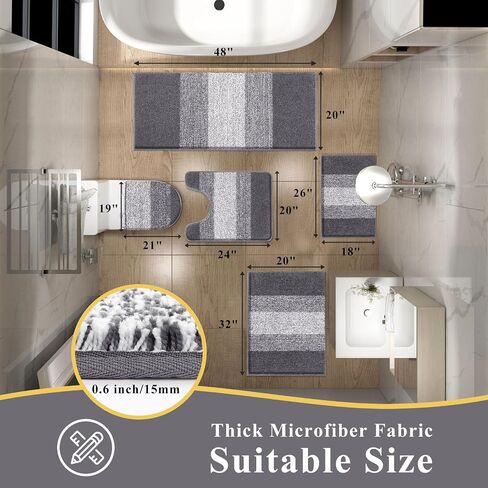 Vaukki 5 Piece Bathroom Rugs Set, Non Slip Shaggy Microfiber Plush Absorbent Washable Bath Shower Mats Runner for Tub (18''x26''+20''x32''+20''x47''+U20''x24''+Lid Cover, Grey) in Kuwait