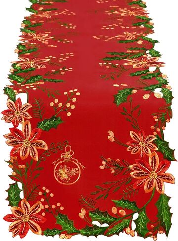 Simhomsen Embroidered and Appliqued Christmas Holiday Poinsettia Flowers, Holly and Berries Table Runner (Red, 14 × 68 inches) in Kuwait