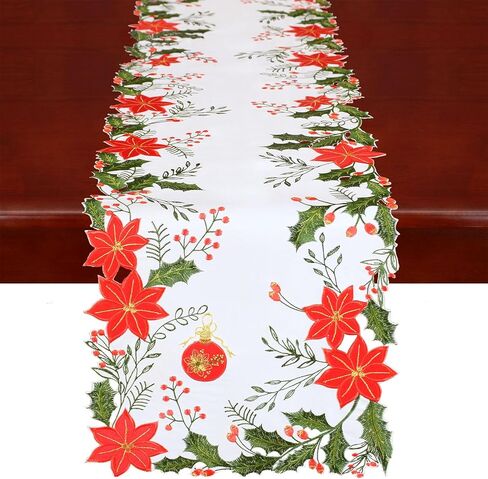 Simhomsen Embroidered and Appliqued Christmas Holiday Poinsettia Flowers, Holly and Berries Table Runner (Red, 14 × 68 inches) in Kuwait