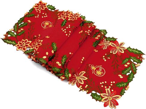 Simhomsen Embroidered and Appliqued Christmas Holiday Poinsettia Flowers, Holly and Berries Table Runner (Red, 14 × 68 inches) in Kuwait
