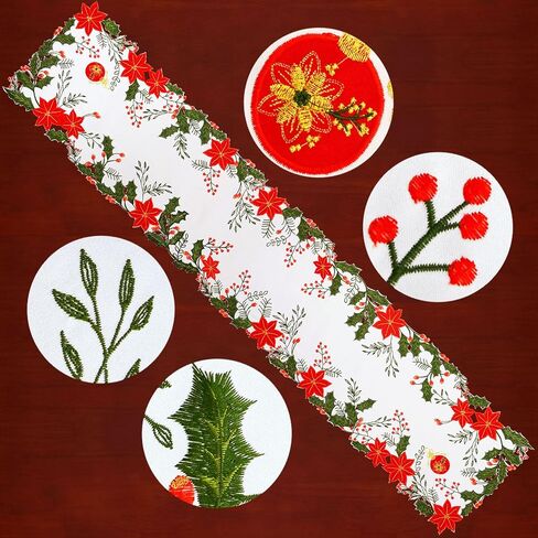 Simhomsen Embroidered and Appliqued Christmas Holiday Poinsettia Flowers, Holly and Berries Table Runner (Red, 14 × 68 inches) in Kuwait