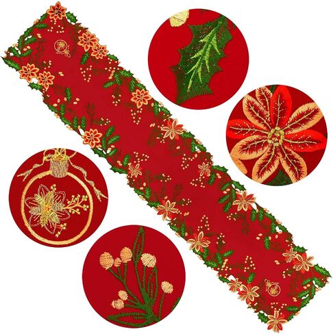Simhomsen Embroidered and Appliqued Christmas Holiday Poinsettia Flowers, Holly and Berries Table Runner (Red, 14 × 68 inches) in Kuwait