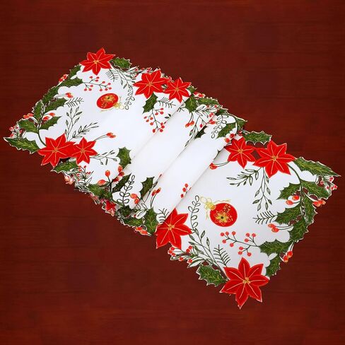 Simhomsen Embroidered and Appliqued Christmas Holiday Poinsettia Flowers, Holly and Berries Table Runner (Red, 14 × 68 inches) in Kuwait