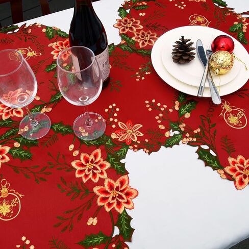 Simhomsen Embroidered and Appliqued Christmas Holiday Poinsettia Flowers, Holly and Berries Table Runner (Red, 14 × 68 inches) in Kuwait