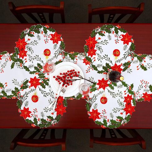 Simhomsen Embroidered and Appliqued Christmas Holiday Poinsettia Flowers, Holly and Berries Table Runner (Red, 14 × 68 inches) in Kuwait