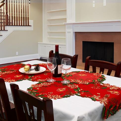 Simhomsen Embroidered and Appliqued Christmas Holiday Poinsettia Flowers, Holly and Berries Table Runner (Red, 14 × 68 inches) in Kuwait