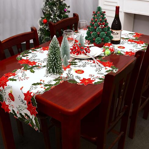 Simhomsen Embroidered and Appliqued Christmas Holiday Poinsettia Flowers, Holly and Berries Table Runner (Red, 14 × 68 inches) in Kuwait