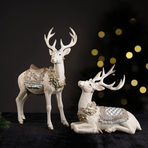 Newman House Studio Christmas Decorations Sitting Reindeer Figurines - Christmas Decor Indoor 9.75 * 4.5 * 9.5 in Xmas Reindeer Statues Resin White/Gold Deer Sculpture White Farmhouse Decor in Saudi Arabia
