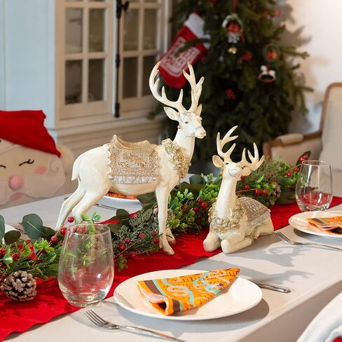 Newman House Studio Christmas Decorations Sitting Reindeer Figurines - Christmas Decor Indoor 9.75 * 4.5 * 9.5 in Xmas Reindeer Statues Resin White/Gold Deer Sculpture White Farmhouse Decor in Saudi Arabia