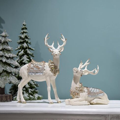 Newman House Studio Christmas Decorations Sitting Reindeer Figurines - Christmas Decor Indoor 9.75 * 4.5 * 9.5 in Xmas Reindeer Statues Resin White/Gold Deer Sculpture White Farmhouse Decor in Saudi Arabia