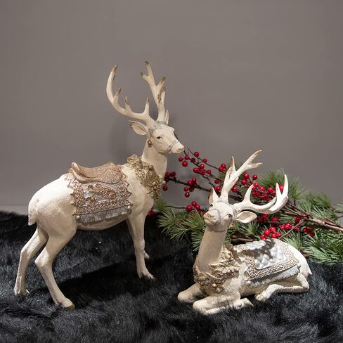 Newman House Studio Christmas Decorations Sitting Reindeer Figurines - Christmas Decor Indoor 9.75 * 4.5 * 9.5 in Xmas Reindeer Statues Resin White/Gold Deer Sculpture White Farmhouse Decor in Saudi Arabia