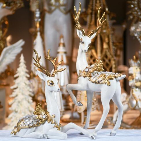 Newman House Studio Christmas Decorations Sitting Reindeer Figurines - Christmas Decor Indoor 9.75 * 4.5 * 9.5 in Xmas Reindeer Statues Resin White/Gold Deer Sculpture White Farmhouse Decor in Saudi Arabia