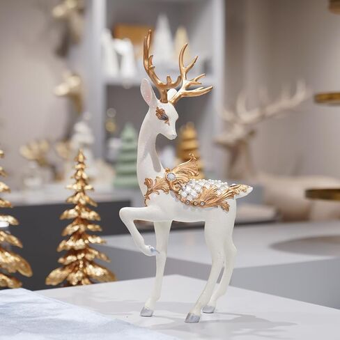 نيومان هاوس ستوديو زينة عيد الميلاد يجلس تماثيل الرنة - ديكور عيد الميلاد داخلي 9.75 * 4.5 * 9.5 في تماثيل الرنة عيد الميلاد الراتنج الأبيض / الذهب الغزلان النحت الأبيض ديكور المزرعة in Kuwait