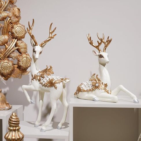 نيومان هاوس ستوديو زينة عيد الميلاد يجلس تماثيل الرنة - ديكور عيد الميلاد داخلي 9.75 * 4.5 * 9.5 في تماثيل الرنة عيد الميلاد الراتنج الأبيض / الذهب الغزلان النحت الأبيض ديكور المزرعة in Kuwait