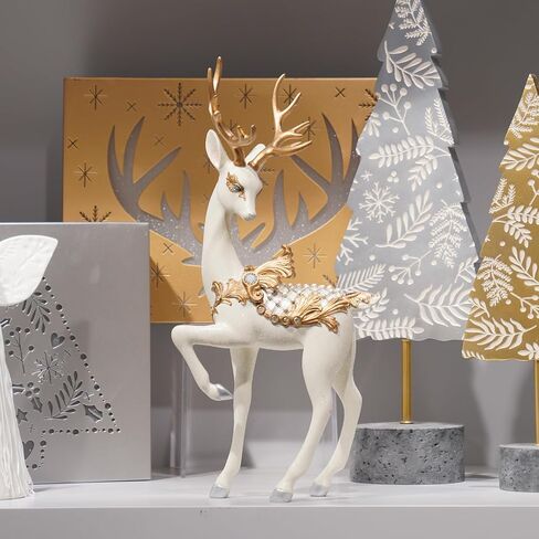 نيومان هاوس ستوديو زينة عيد الميلاد يجلس تماثيل الرنة - ديكور عيد الميلاد داخلي 9.75 * 4.5 * 9.5 في تماثيل الرنة عيد الميلاد الراتنج الأبيض / الذهب الغزلان النحت الأبيض ديكور المزرعة in Kuwait