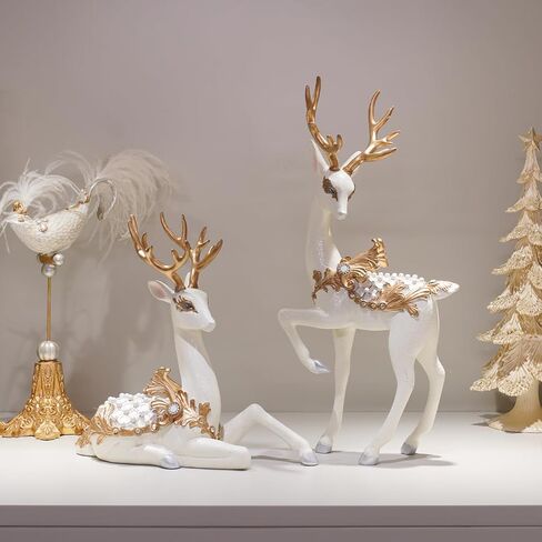 نيومان هاوس ستوديو زينة عيد الميلاد يجلس تماثيل الرنة - ديكور عيد الميلاد داخلي 9.75 * 4.5 * 9.5 في تماثيل الرنة عيد الميلاد الراتنج الأبيض / الذهب الغزلان النحت الأبيض ديكور المزرعة in Kuwait