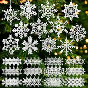 48 Pcs Snowflake Christmas Ornaments Crochet Snowflake Bulk 12 Styles White Snowflake Ornaments Winter Crocheted Snowflake Hanging Decorations for Christmas Tree Fireplaces Wall Holiday Party