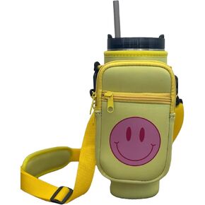 Hi Honey Yellow Smiley Face Water Bottle Holder with Adjustable Strap for Stanley 30/40 oz Tumbler with Handle, Neoprene Attachable Purse for Phone, Keys, and Cards. Stanley and Tumbler Accessories.