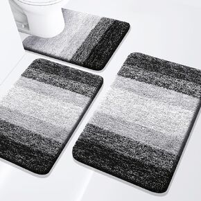 Arotive Bathroom Rugs Set 3 Pieces, Extra Soft and Absorbent Bath Rug Set for Bathroom, Machine Washable and Dry Bath Mat Set for Toilet, Tub and Shower (24"x16"+30"x20"+U Shape 24"x20", Black)